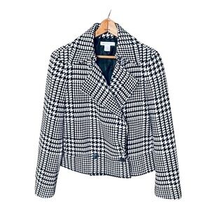 Liz Claiborne wool blend houndstooth button pea coat SZ L white black